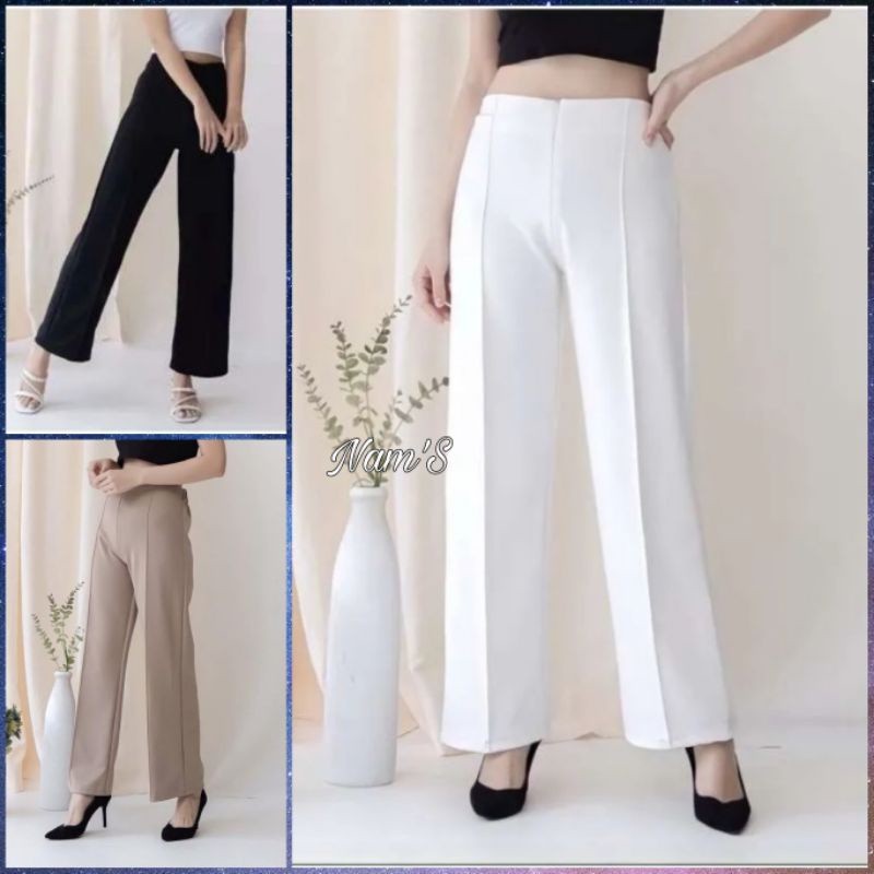 Celana Kulot Hightwaist Wanita Kekinian Ala Korea Basic HW Pinggang Karet Celana Culotte Panjang Bah