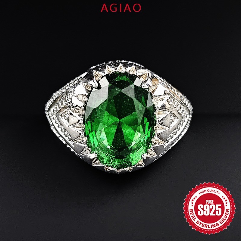 AGIAO Cincin Berlian Perak Thailand Vintage Pria Harta Hijau Yang Indah