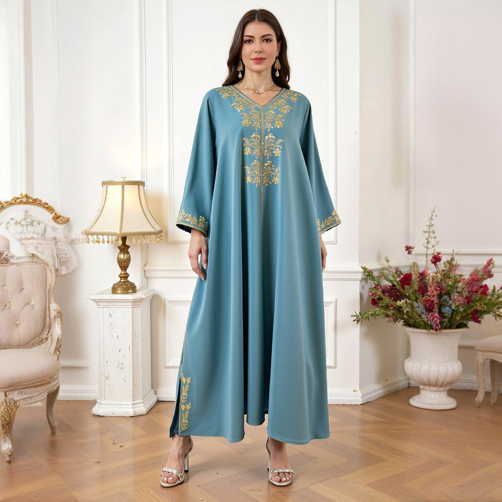 Muslim dress abaya V neck simple dress