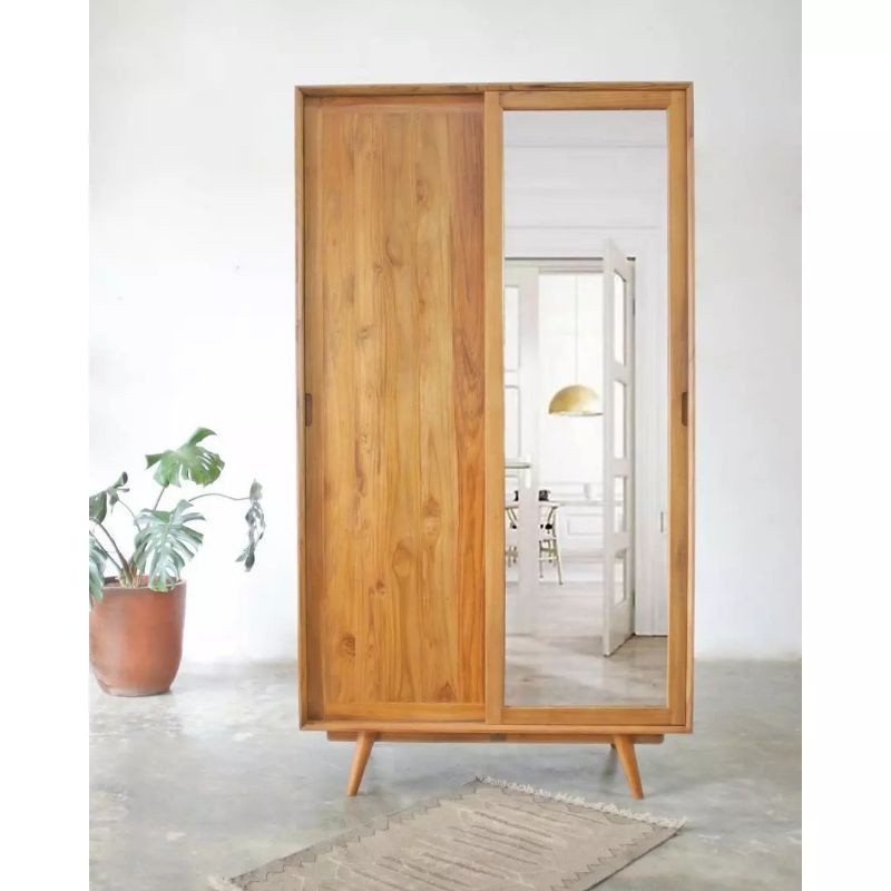 LEMARI PAKAIAN PINTU DUA SLEDING KAYU JATI / LEMARI PAKAIAN RETRO MINIMALIS