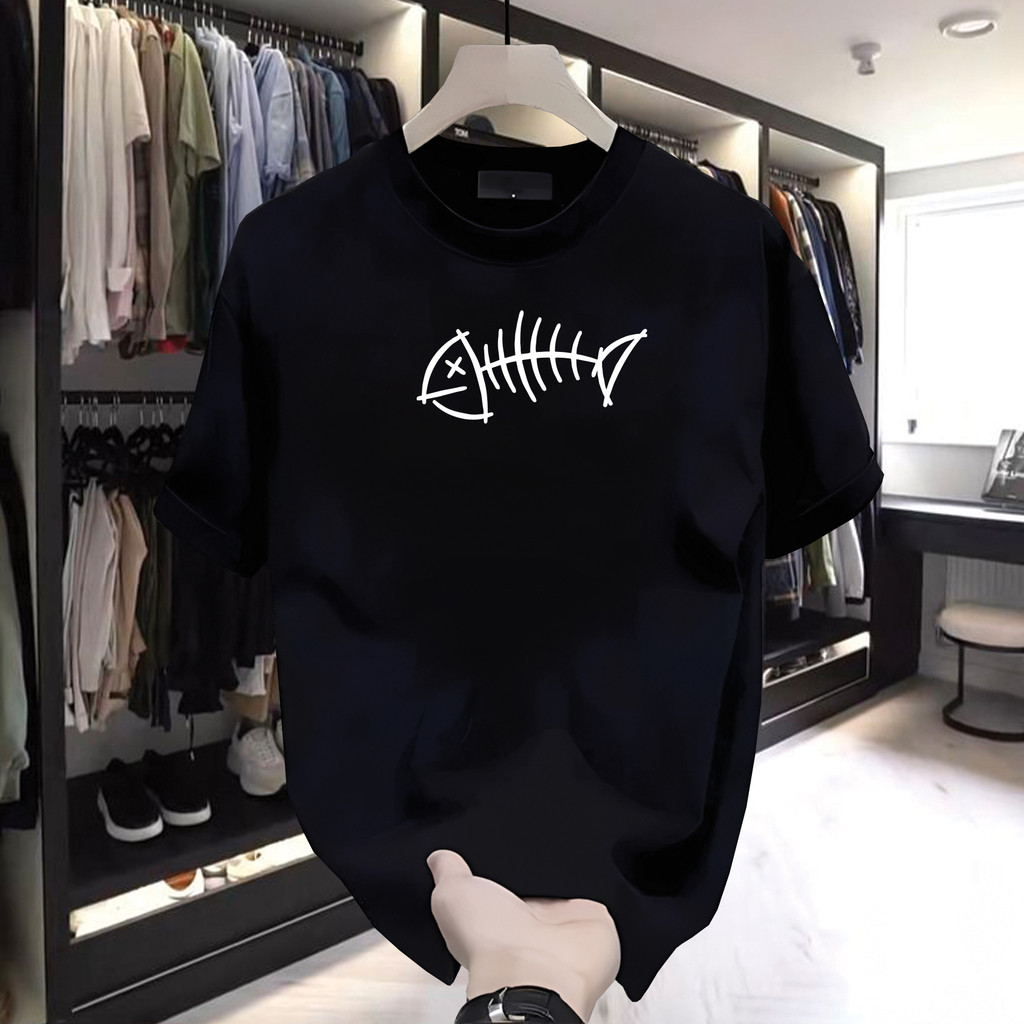 Kaos Pria Motif Tulang Ikan Hitam Putih | Kaos Distro Casual Harian Pemium