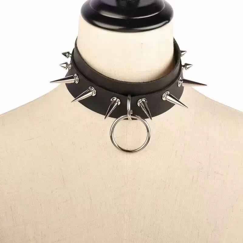 WW-587 Kalung Choker Metal Punk Berduri Kulit PU Kalung Spike Gothic Ring Kulit Duri Gaya Punk