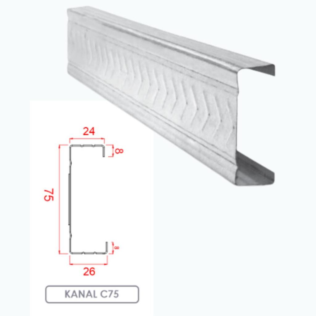 Kencana Kanal Usuk Baja Ringan C75 Galvalum Ketebalan 0.75mm Panjang 6 Meter Dimensi 75x24x26mm
