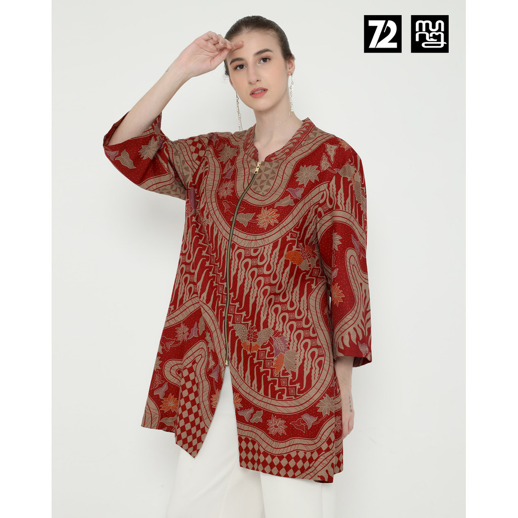 TUNIK BATIK PREMIUM Bahan Dobby Premium Motif Parang Kupu Warna Merah Coklat 725929