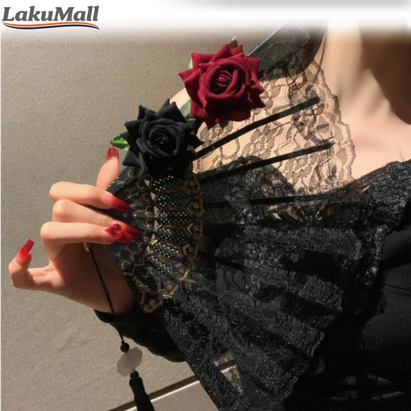 Kipas Souvenir Lipat Bahan Lace Kipas Jepang Gaya Gothic untuk Pesta Formal Memberi Kesejukan dan Ta