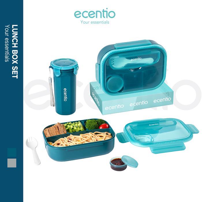 ecentio 4grid Kotak makan siang dengan botol air Lunch Box set 1100ml - Biru