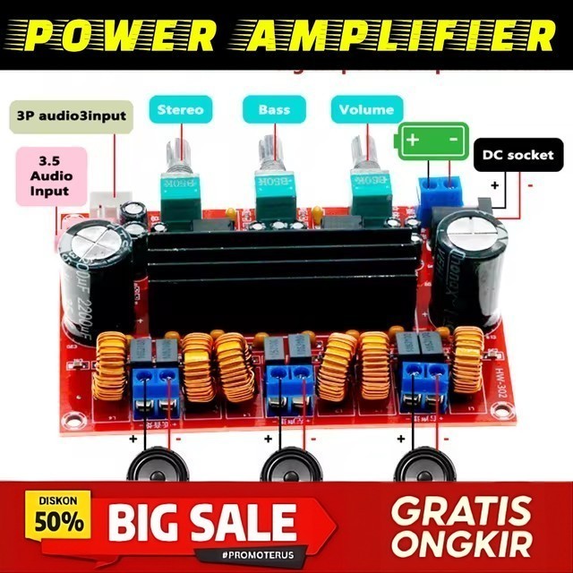 Kit Power Amplifier Subwoofer Class D TPA3116D2 x 2 output 2x50W+100W Stereo bass With Tone Control