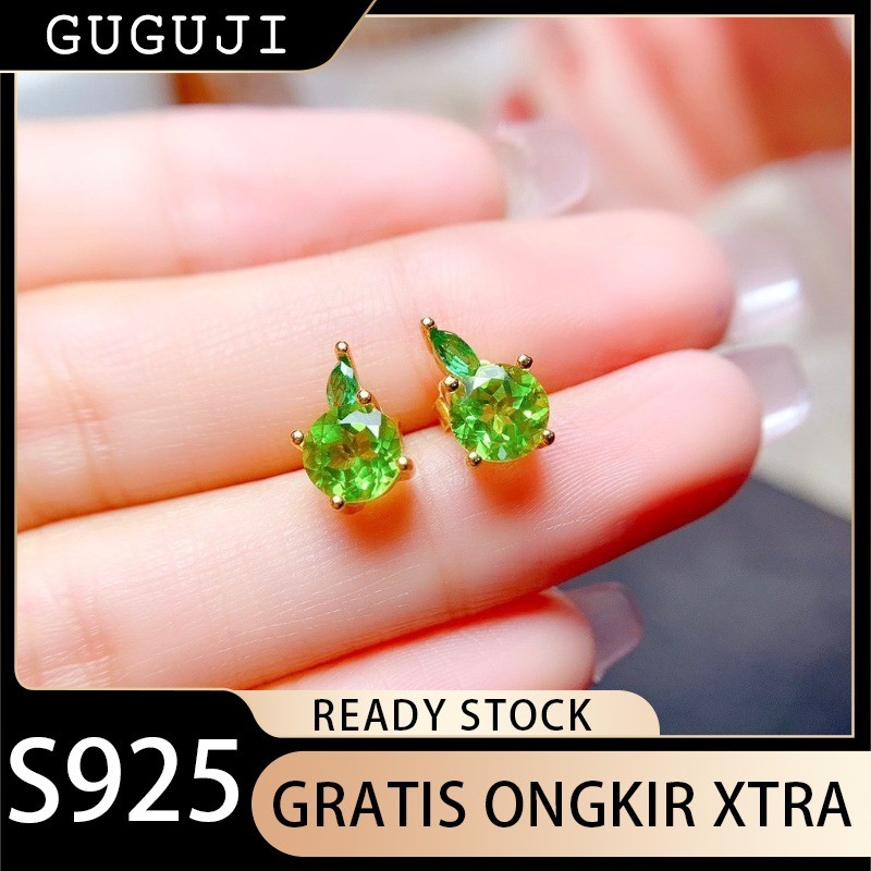GUGUJI Anting Berlian Hijau Apel Kecil yang Segar dan Halus Anting Batu Permata Berwarna