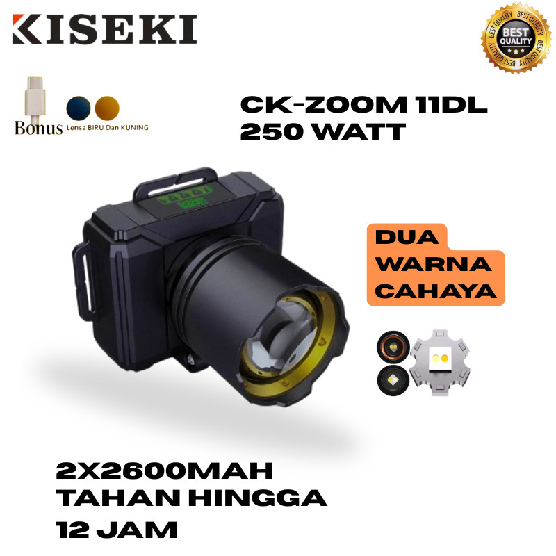 Kiseki Senter Kepala Dua Warna Cahaya CK-ZOOM 11DL 250Watt Kapasitas Baterai 2x2600mAH Senter Kepala