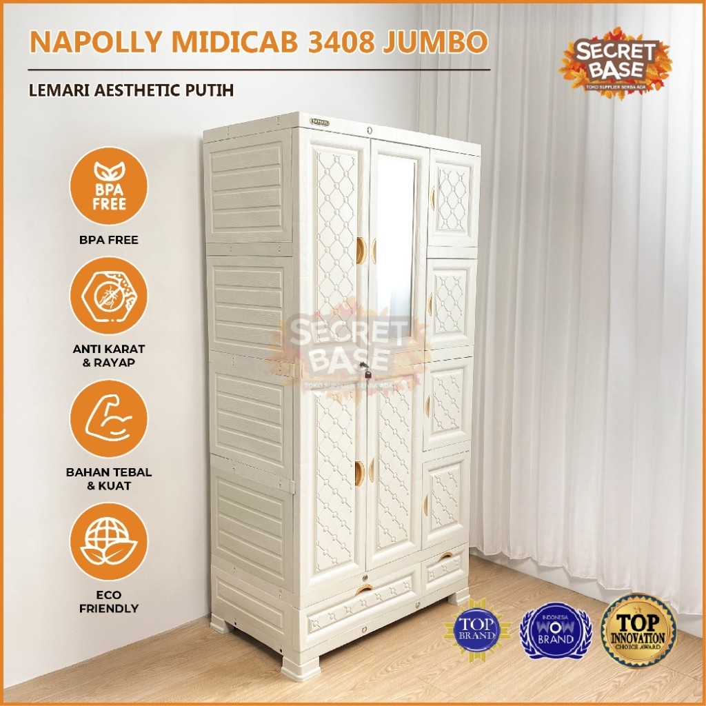 NAPOLLY MIDICAB 3408 JUMBO - Lemari Pakaian Gantung + Kaca / Lemari Baju Susun Plastik Jumbo