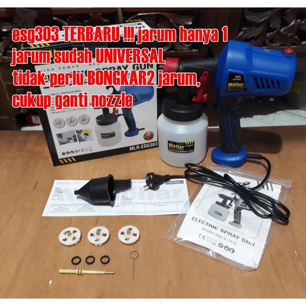 MOLLAR ESG303 SPRAY GUN ELEKTRIK – Set Nozzle 1.5–2.5mm untuk Cat Waterbase/Oilbase & Efek Tekstur D
