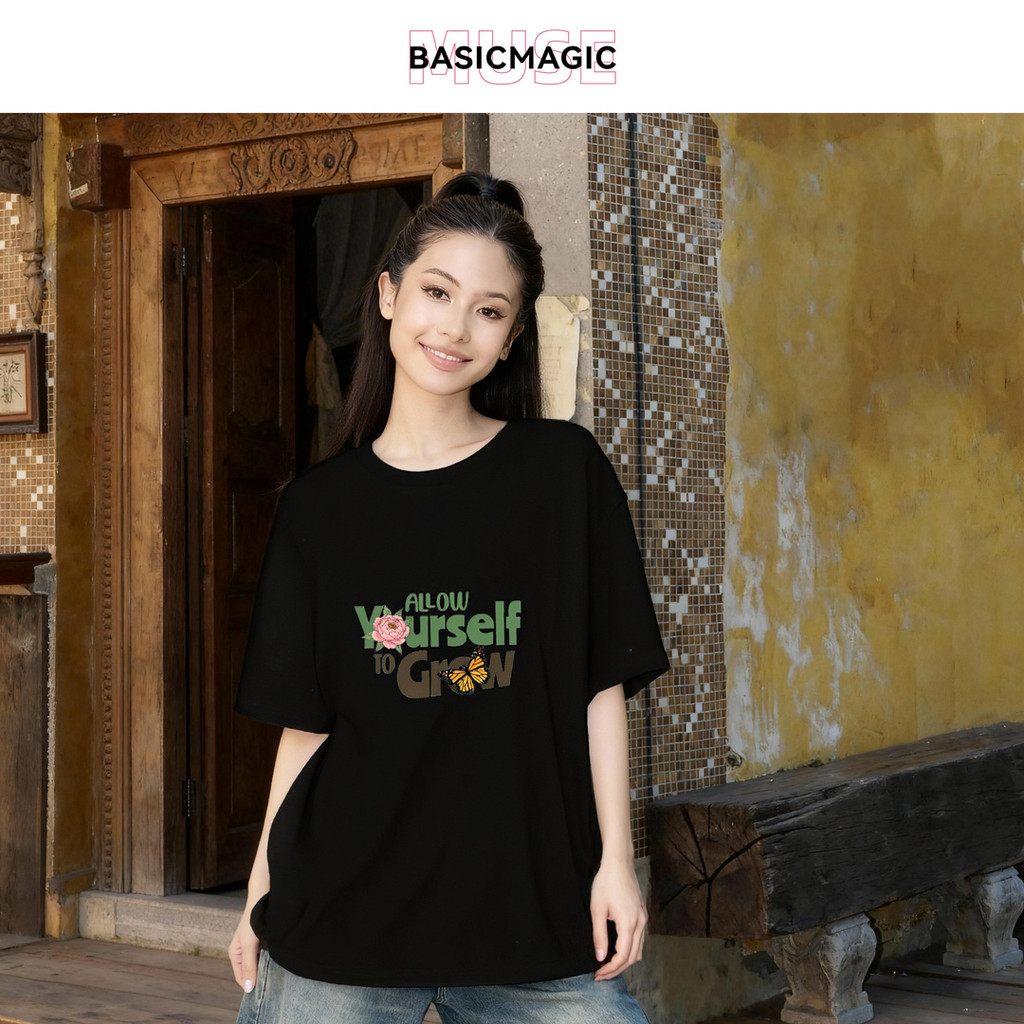 Kaos Hitam dengan cetakan bunga dan kupu-kupu, slogan "Izinkan Dirimu Tumbuh" kain katun adem  kain 