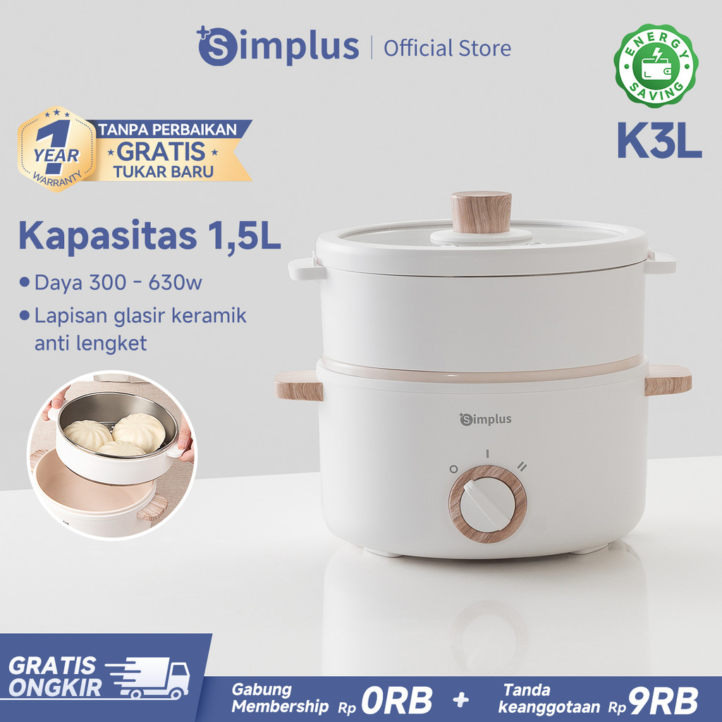 Simplus Panci Listrik Kapasitas 1,5L Panci Serbaguna Anti Lengket Dengan Kukusan 2 Mode Panas
