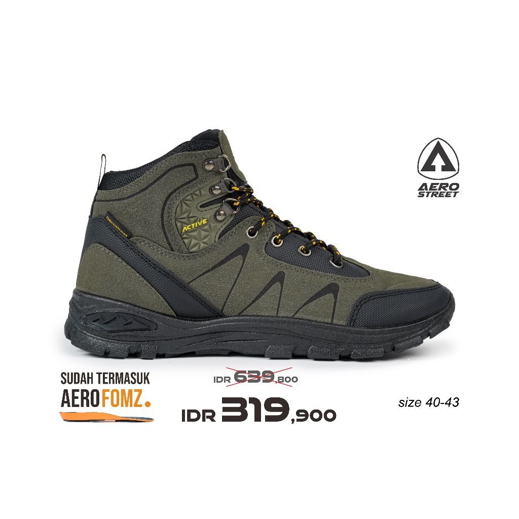 Aerostreet 40-43 Active High Hitam Army Kuning - Sepatu Sneaker Boots Gunung