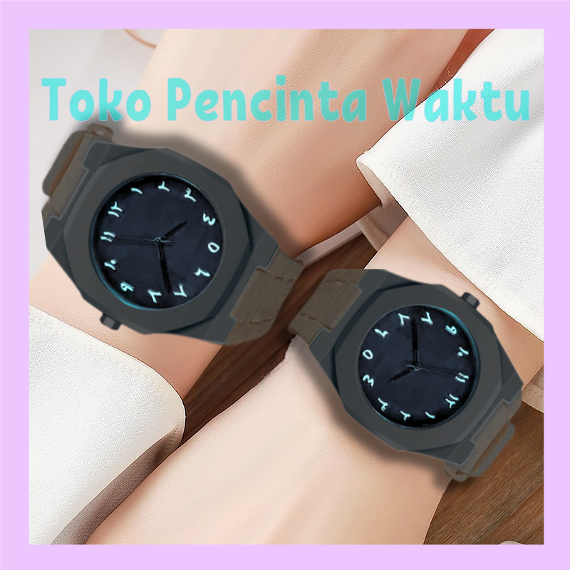 Jam tangan pasangan pria wanita modern desain angka Arab kulit silikon kuarsa