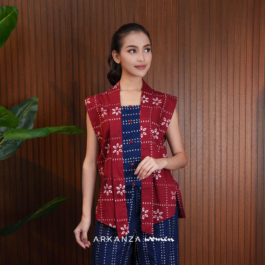 ARKANZA WOMEN Vest Batik Cap Zaria Vest Kawung Merah Atasan Wanita Katun Modern Rompi