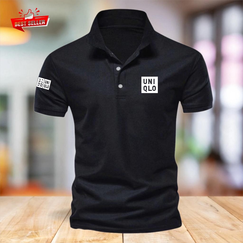 TERBARU  Kaos Polo Kerah UNIKLO + LENGAN Text PUTIH Baju Polo Motif Giordano 8 Quality Premium Bahan