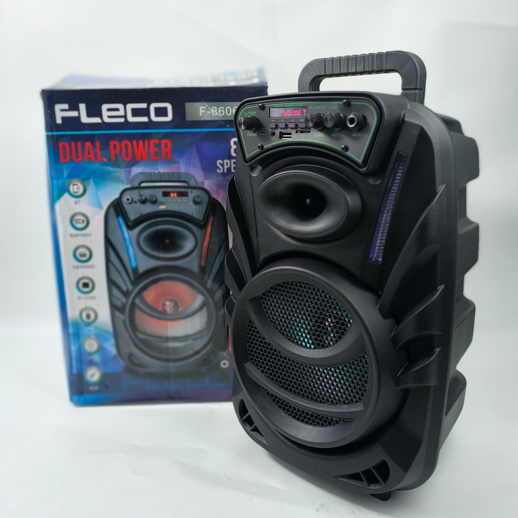 Speaker Portable Bluetooth 8.5 inch Dual Power Fleco F-8606F LED DIsplay Mode FM BT AUX TF Card Free