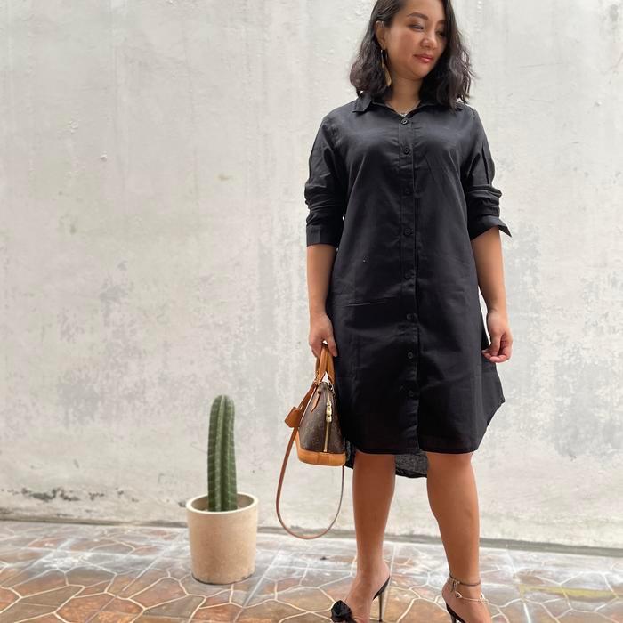 promo  -Kemeja tunik longtop Linen Rami basic kerja/kuliah/formal/muslimah - Hitam, XL
