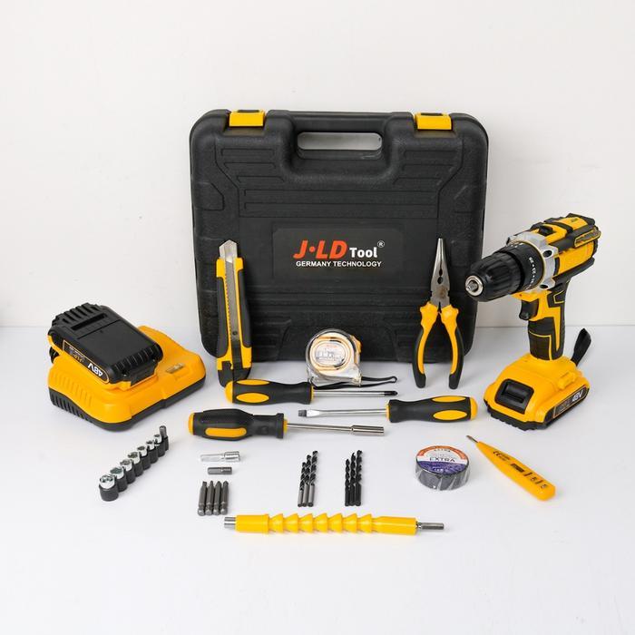 JLD 48Vf Mesin Bor Impact Baterai 2-Speeds Built-in Bit Slots&Level Bor Cas jld 2 Bater Case 25+3 Bo