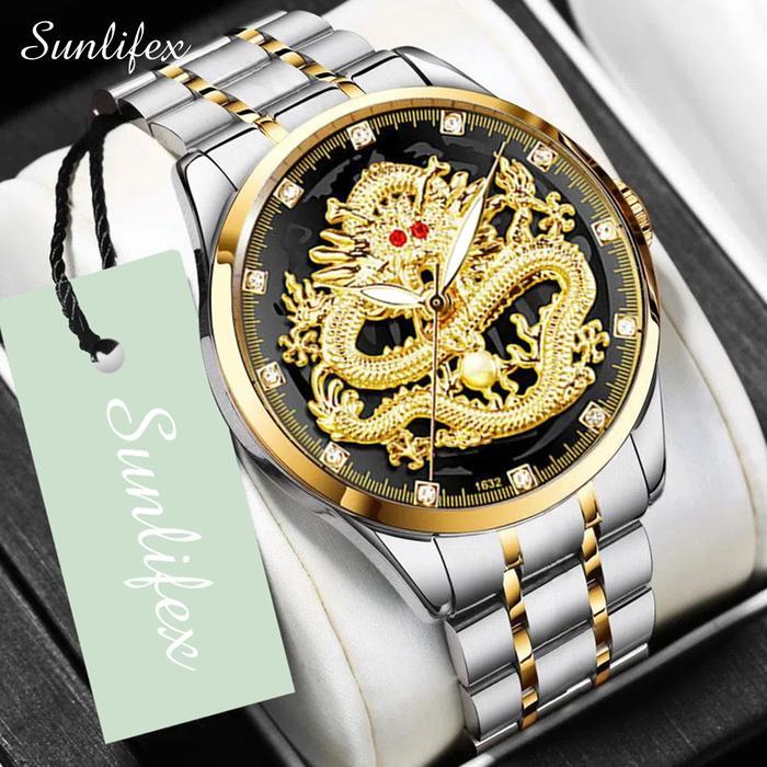 Mutiara Indaah - Sunlifex Jam Tangan Pria Stainless Steel Quartz Original Dragon Gold - Hitam