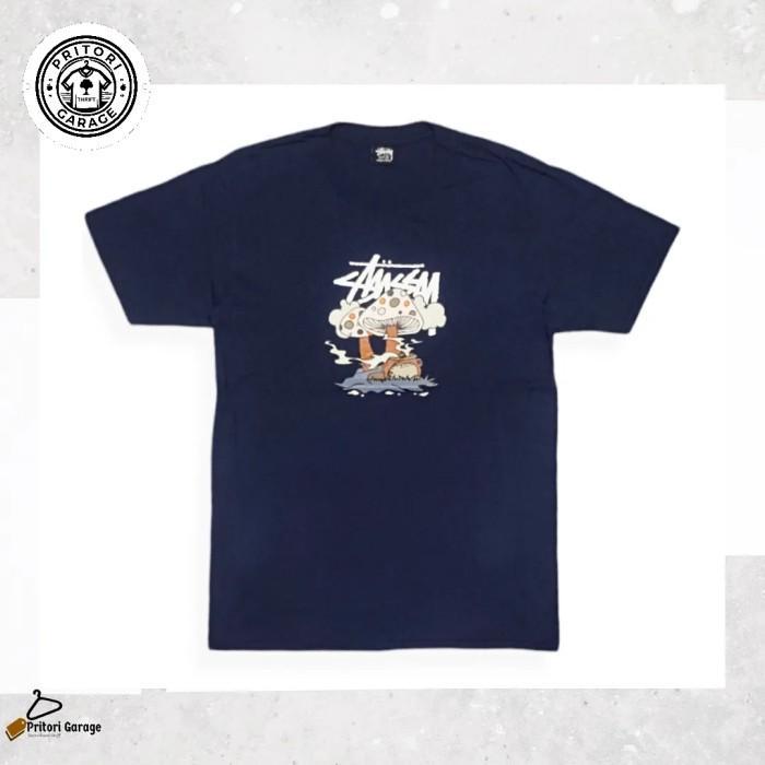 Kaos T-shirt Graphic Stussy Mushrooms Big Print Dark Blue Color Vintage S