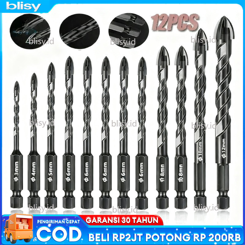 Set 12pcs Mata Bor Cross Hex 3MM-12mm Mata Bor Hex Bahan Alloy Untuk Melubangi Kaca / Keramik / Beto