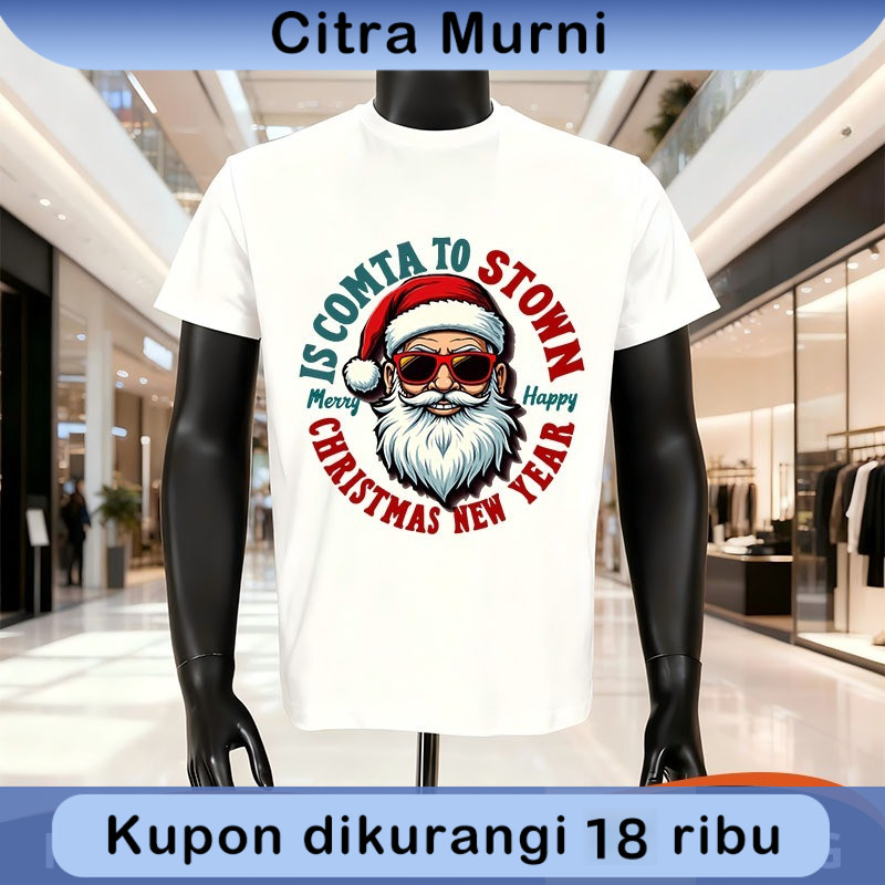 Citra Murni | Baju pria Kaos Lengan Pendek Motif Kartun Santa Claus yang Lucu | Katun | Baju oversiz