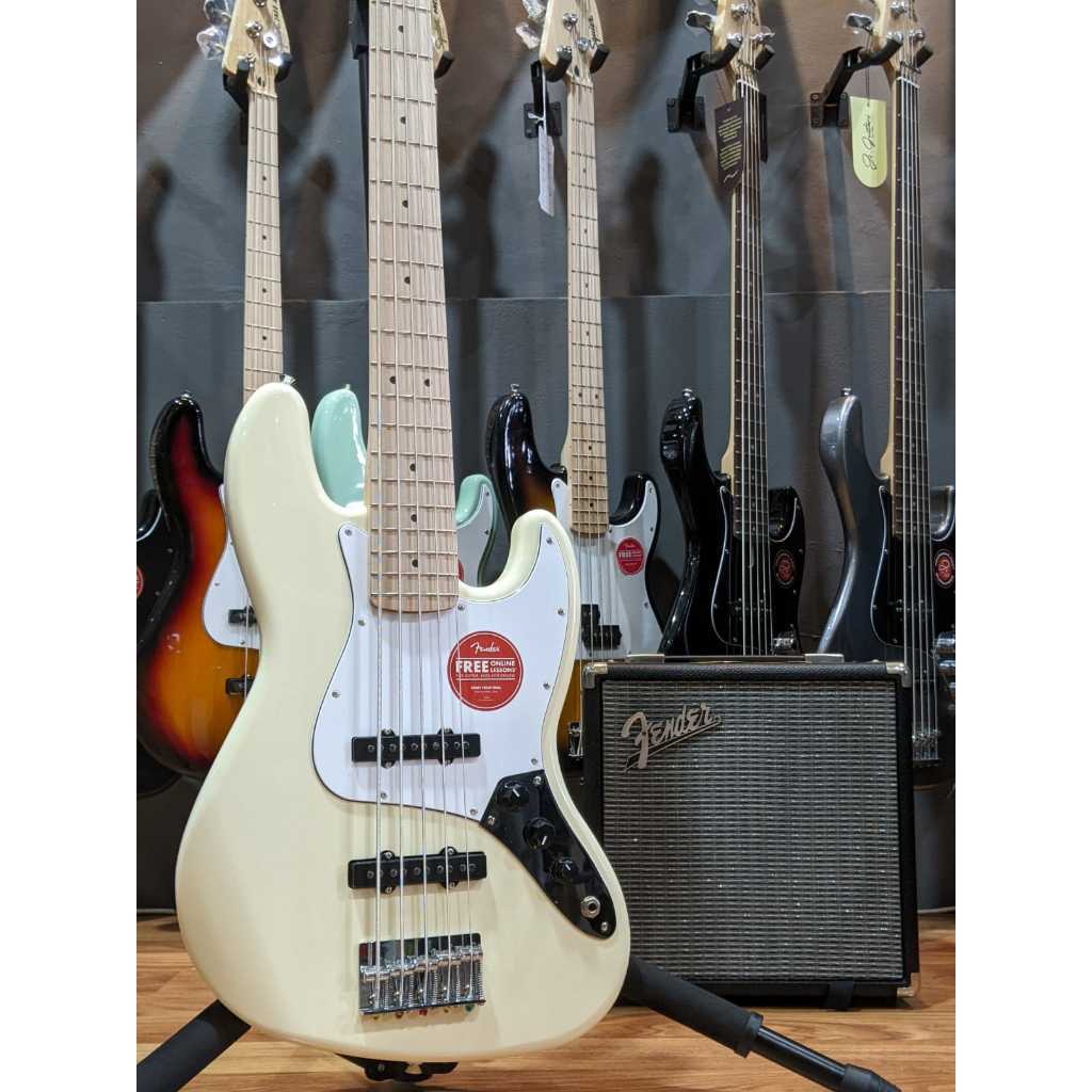 Squier Affinity Series Jazz Bass V 5-String Electric Bass Guitar, Maple FB, Olympic White