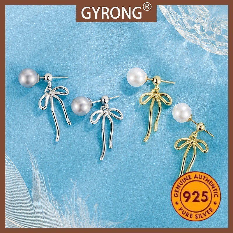 GYRONG Anting-anting Mutiara Pita Panjang dengan Pita yang Modis dan Elegan