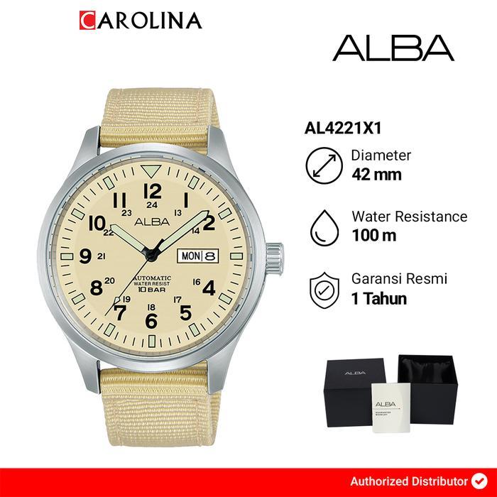 Jam Tangan Pria ALBA Mechanical AL4221X1 Automatic Beige Nylon Strap Watches - AL4221X1