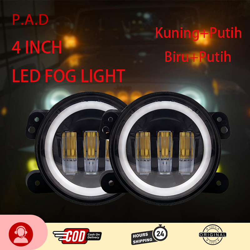 Lampu LED mobil, lampu motor, lampu kabut LED 4 inci, 3 lensa, full ring, lampu malaikat LED 2 warna