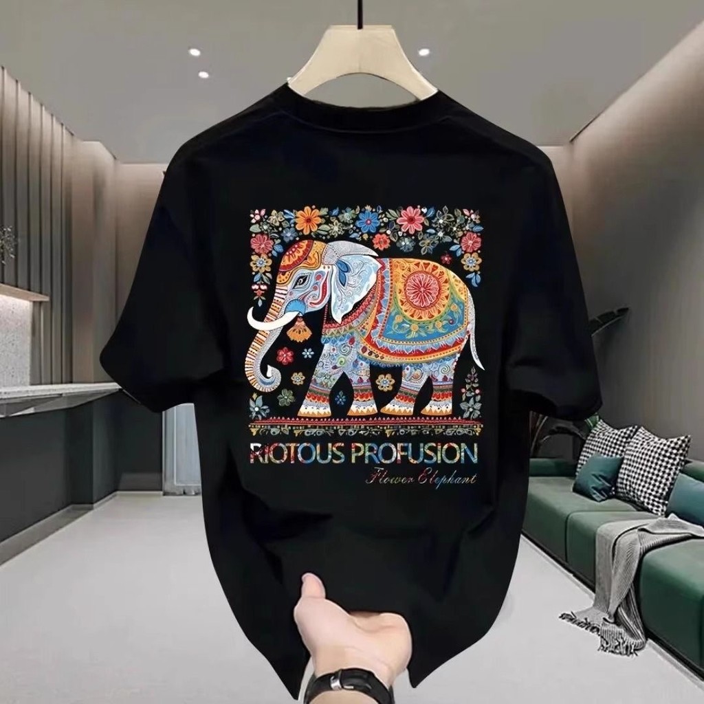 Kaos Oversize Unisex Gajah Etnik RIOTOUS PROFUSION, 100% Katun Premium Lembut Dua Warna (Hitam/Putih