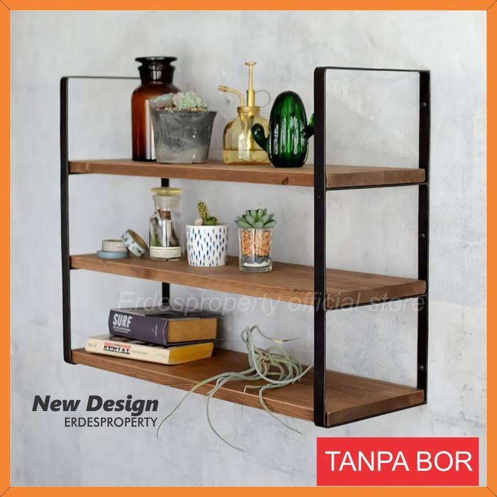 PROMO  Rak Dinding 3 Ambalan Kayu Besi Buku Make Up Kosmetik Hiasan Dekorasi Kamar Ruang Tamu anti k