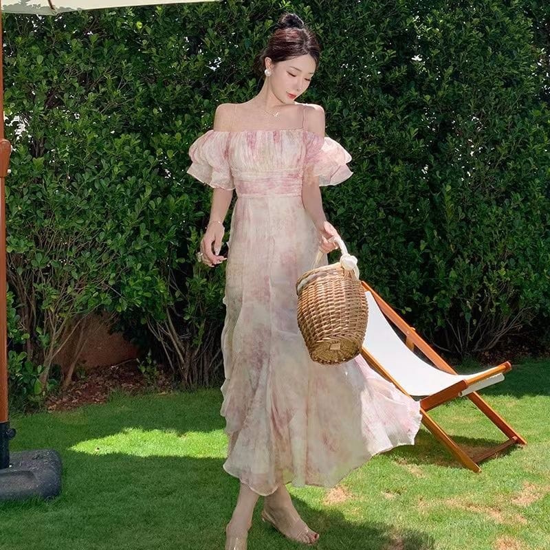 - RALINE pink sabrina dress woman premium / korean summer dress / beachwear bali / casual dress / pa