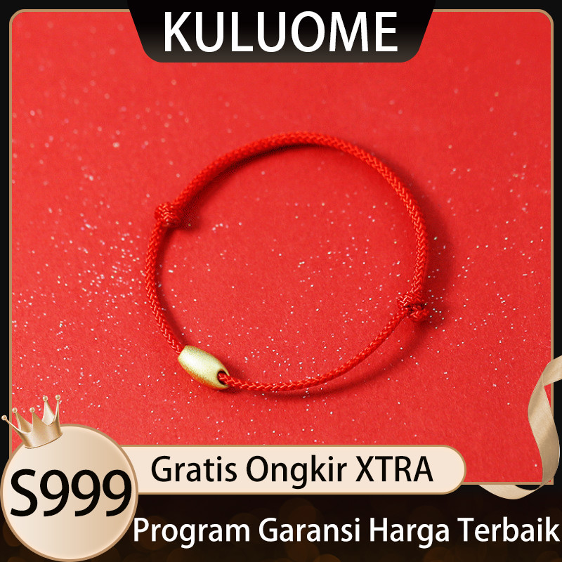 KULUOME Gelang Millet Emas Tali Merah untuk Pria dan Wanita Pasangan 3D Manik-manik Bulat Emas Murni