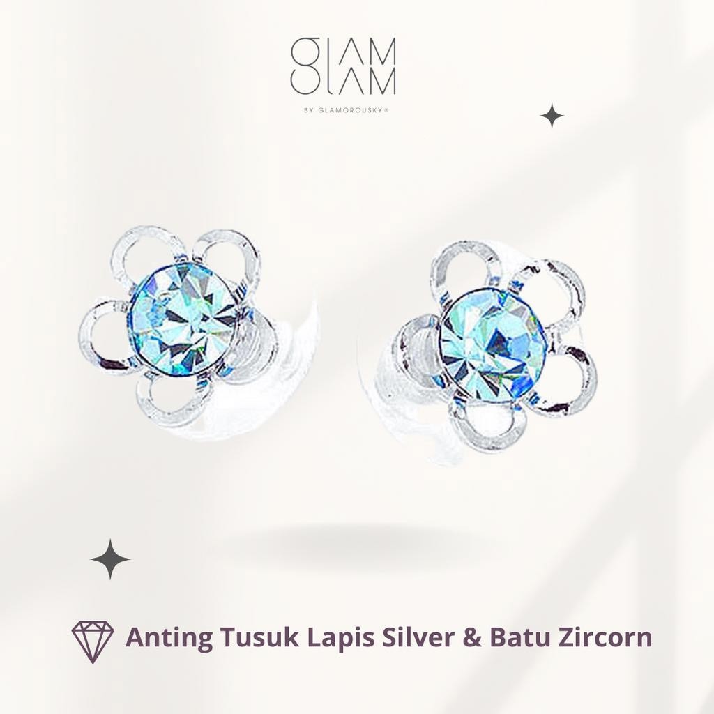 Glamorousky Anting Tusuk Wanita Kristal Lapis Silver Safir Biru - Perhiasan Fashion Terbaru 2024, An