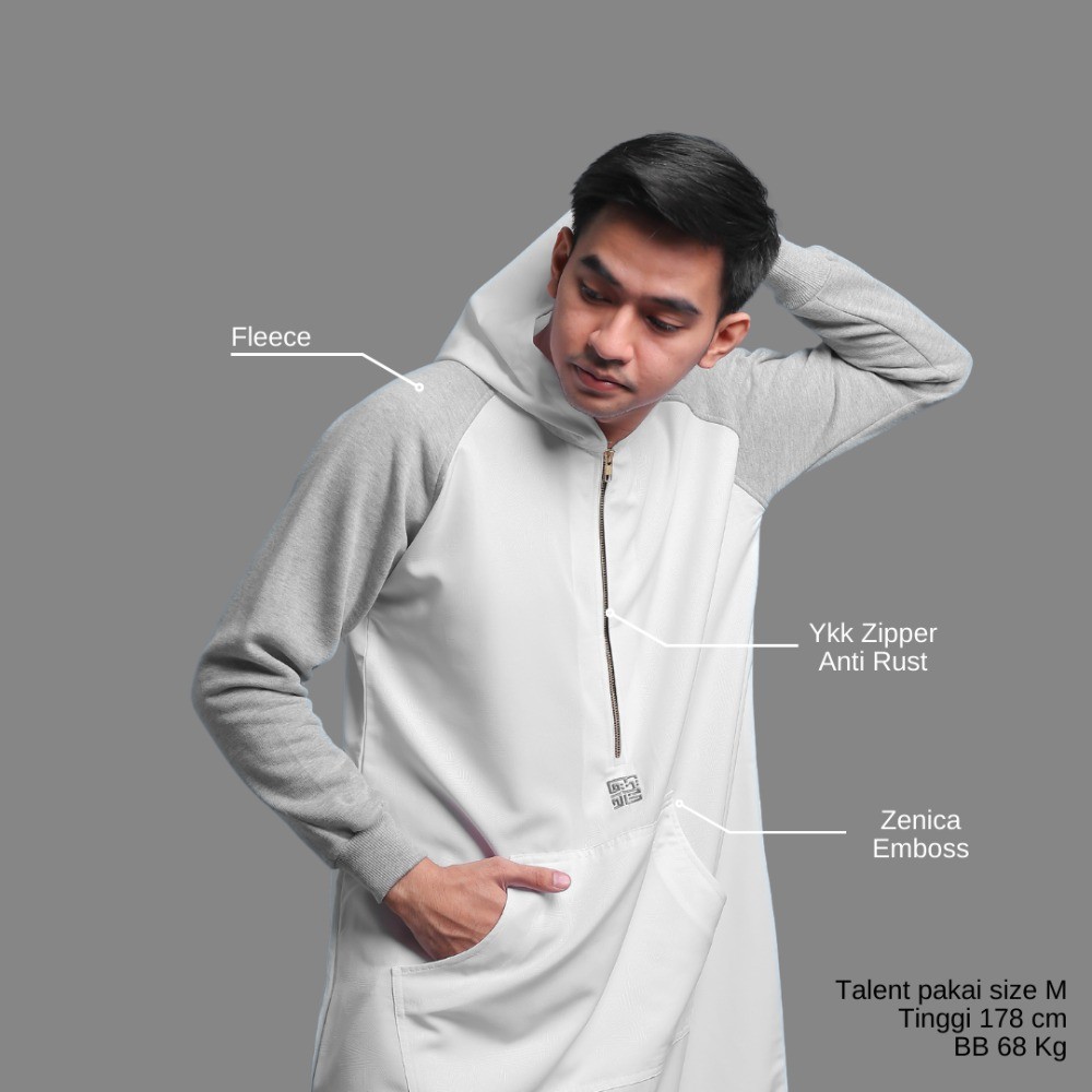 Khaleed Apparel - Thobe Jubah Hoodie Sporty Gamis Pria Putih