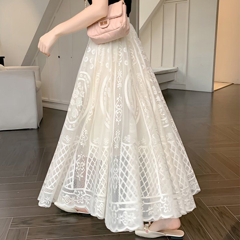 Rok Setengah Renda Crochet untuk Wanita, Rok Peri Tinggi Baru yang Menyusutkan, Rok Payung Besar