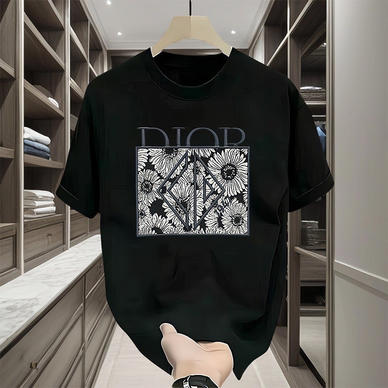 Baju Kaos Dior Flower Style Pria Graphic Tee Fashion Distro Streetwear Casual Hitam Premium Modern E