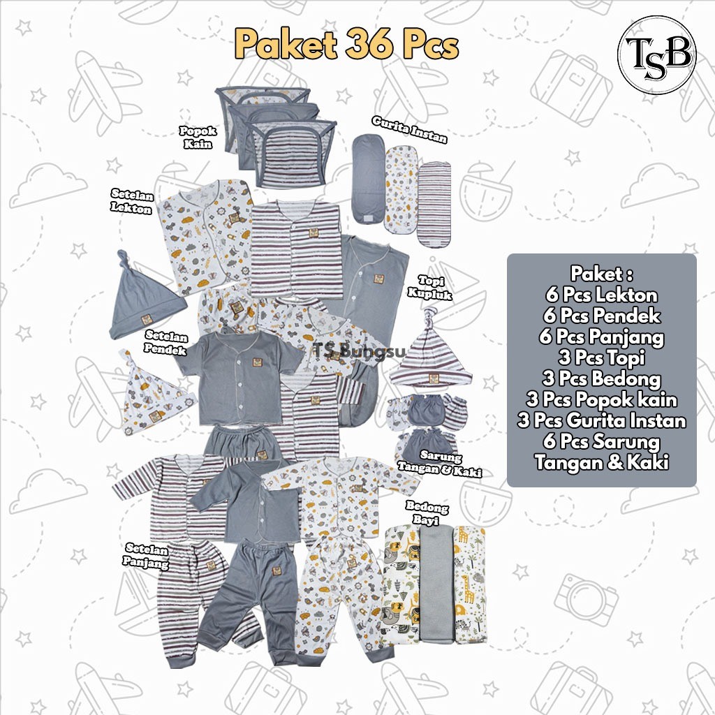 36 Pcs Paket Setelan Baju dan Celana Bayi Newborn usia 0-3 Bulan Seri Abu Lekton Pendek Panjang Bedo