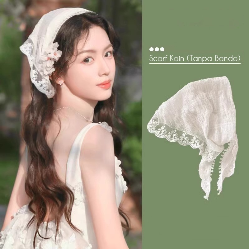 LuxciaBeauty - Bando Bandana Scarf Kain Renda, French Lace Headband Kain Segitiga, Hiasan Aksesoris 
