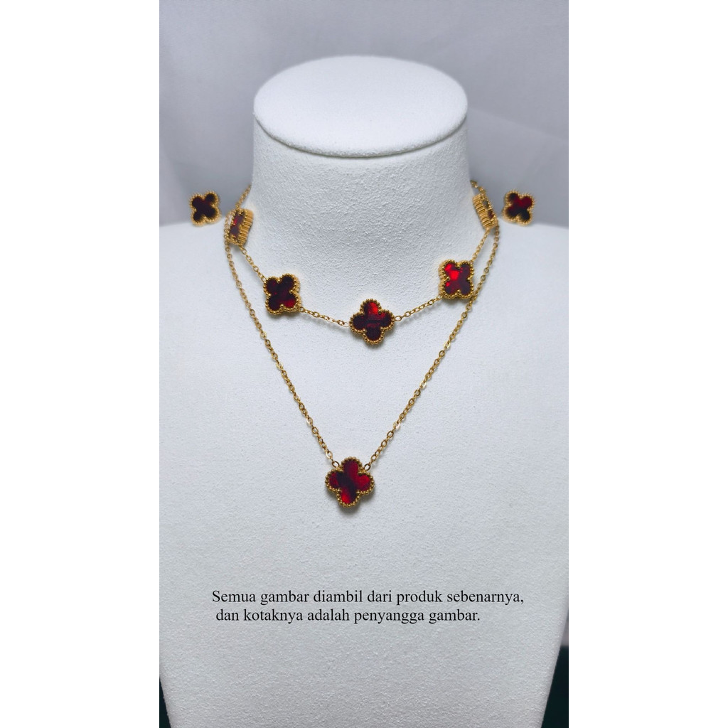 13mm Set tiga potong perhiasan wanita semanggi empat daun titanium vintage (anting-anting + kalung +