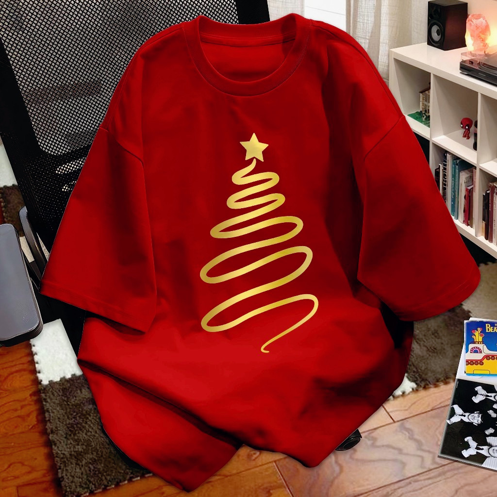 COD (Dikirim dalam 24 jam)MIEMIE.  Kaos Natal T-shirt Baju Kaos Merry Christmas | Tree Siluet Gold |
