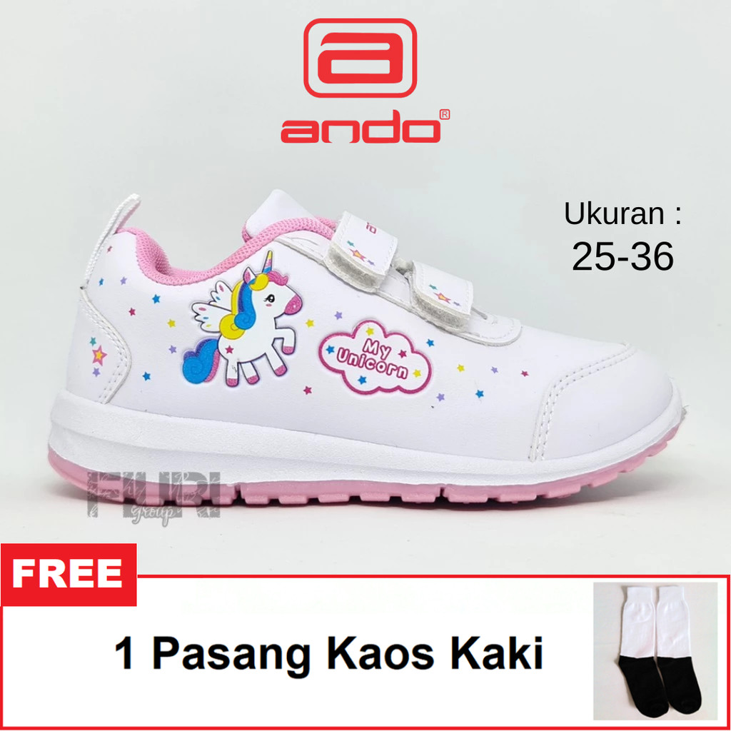 ANDO ORIGINAL -  MINICORN PEREKAT 25-36 PUTIH PINK - SEPATU SNEAKERS KANVAS SOL KARET ANAK KECIL PER