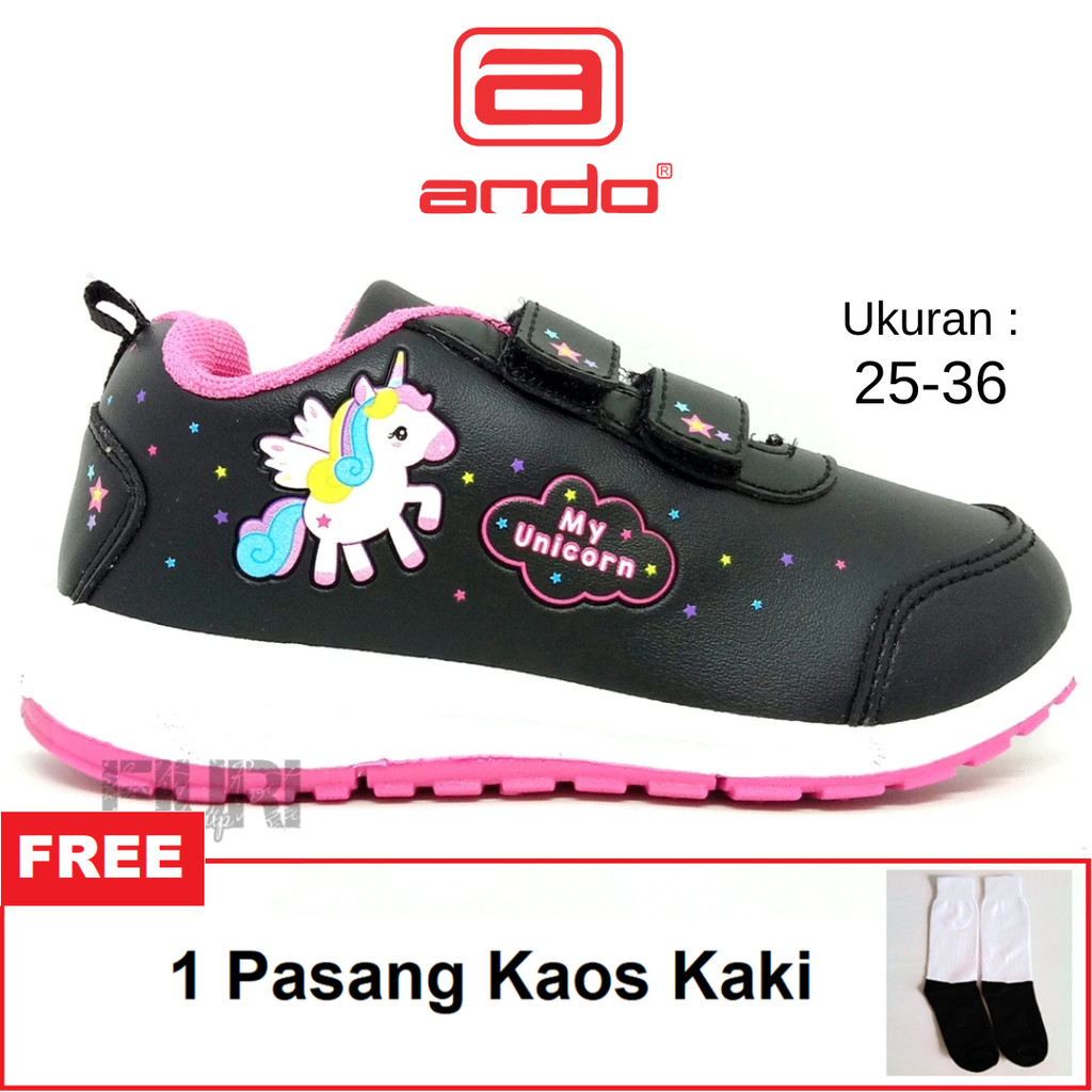 ANDO ORIGINAL -  MINICORN PEREKAT 25-36 HITAM PINK - SEPATU SNEAKERS KANVAS SOL KARET ANAK KECIL PER