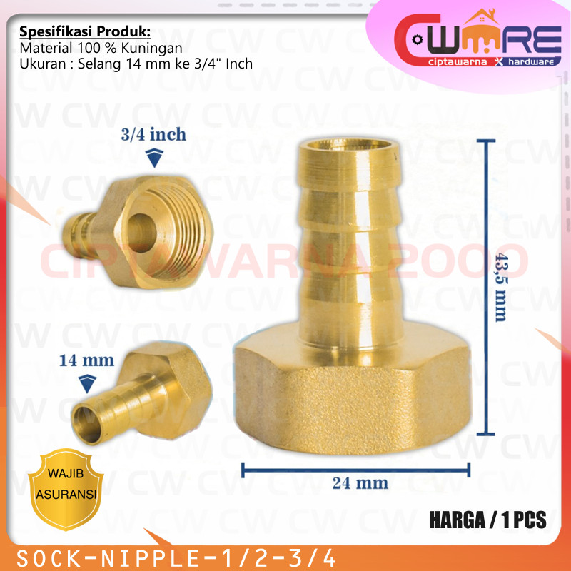 Sock Nipple Kunigan Nepel Sok Drat Dalam 3/4" ke selang 1/2" inch