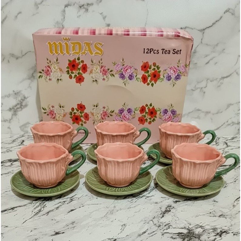 HS Cangkir Tatak Set Bunga Tulip Midas isi 6 pcs per Set/ Cangkir Set Flower Midas Pink/Cangkir Kopi