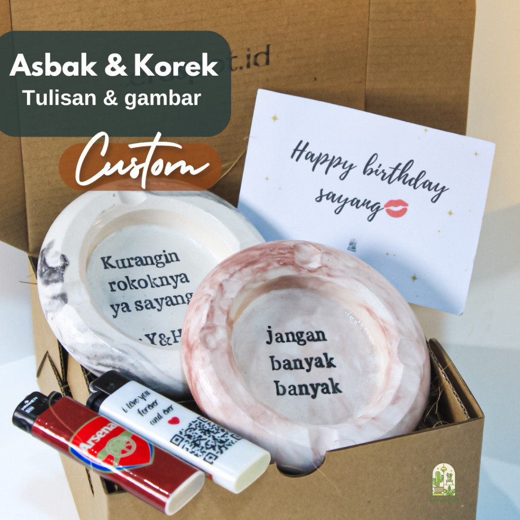 Asbak Tulisan Custom & Korek Foto / Tulisan Custom Free Box Dan Kartu ucapan Gift, Hadiah, Kado