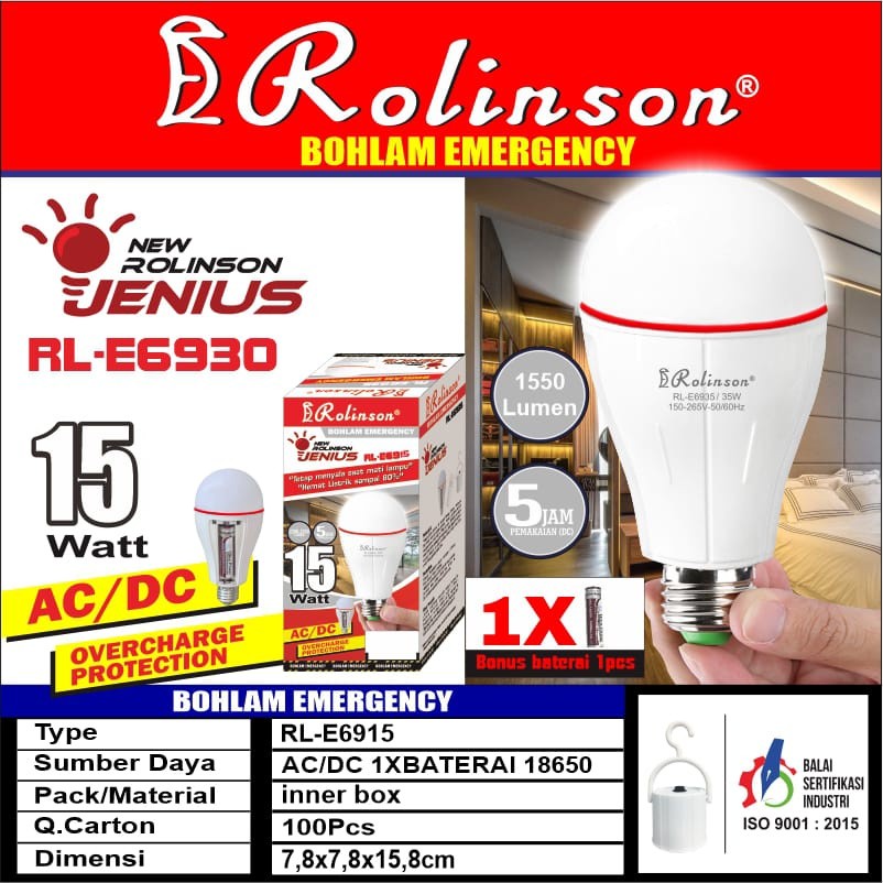 Lampu LED Emergency ROLINSON JENIUS RLE6915 RL E6915 Bohlam 15w 15W 15 Watt 15 WATT Dngan 2 Baterai 